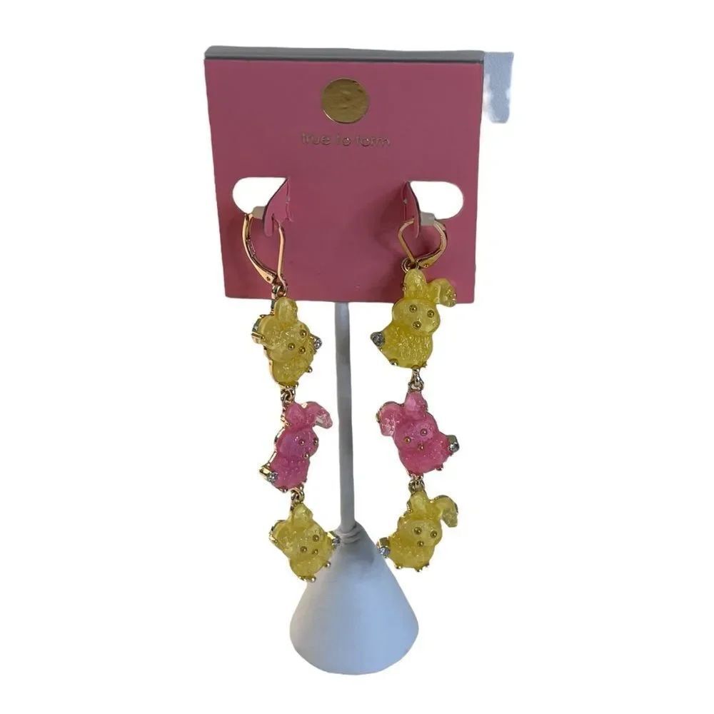 Betsey Johnson Glittery Yellow & Pink Peeps Dangle Earrings w/Rhinestone Accents